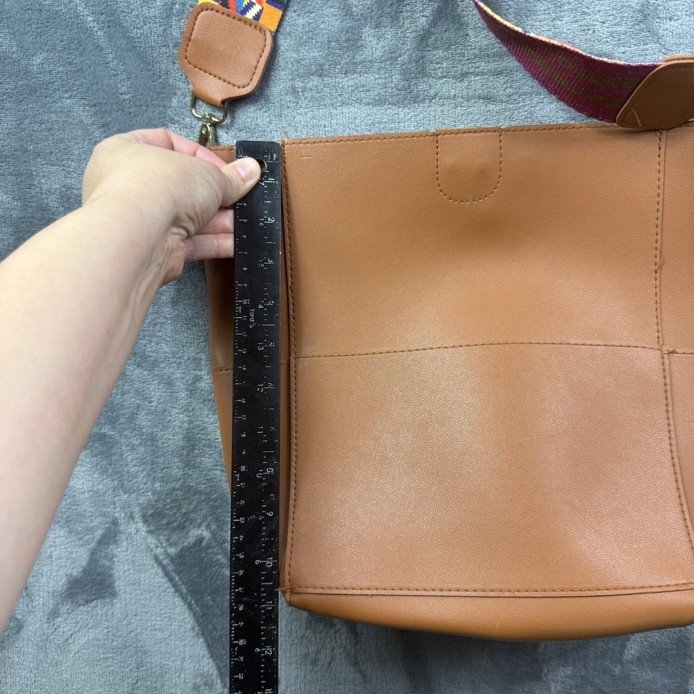 Threaded Pear Cognac Faux Leather Tote Bag Colorful Woven Strap Boho Purse - Picture 6 of 6